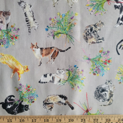 Watercolor Kitty Cats & Bouquets of Flowers on Gray Cotton Shirting from Japan - Image 3