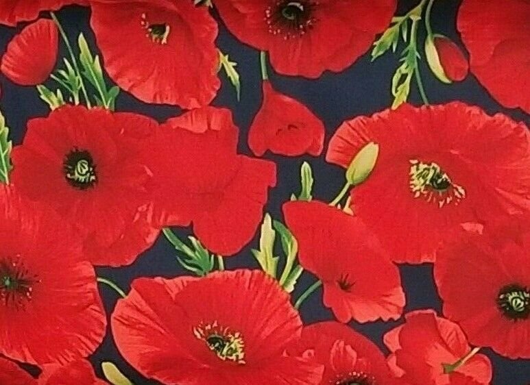 Mesdames WW2 Rememberance Day Navy Red Poppy Floral Satin Mousseline Foulard 