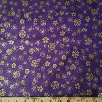 Flowers in Metallic Gold Tossed on Warm Royal Purple Cotton Shirting from Japan - Image 3