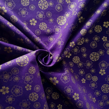 Flowers in Metallic Gold Tossed on Warm Royal Purple Cotton Shirting from Japan