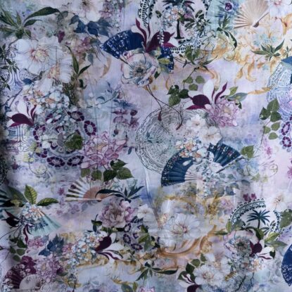 Folding Fans/ Flowers Collaged-Print Quilting Cotton on Pale Blue/Purple