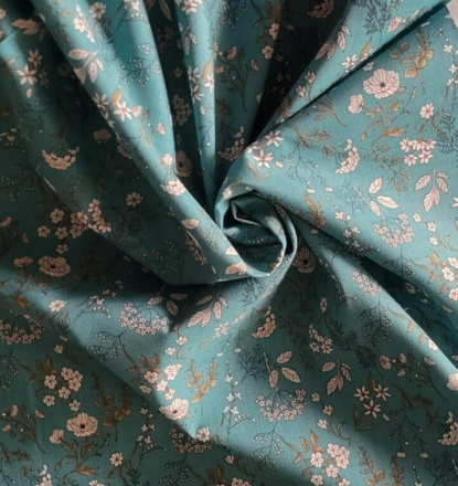 Teal Cotton Shirting from Japan, w/ White Meadow Flowers & Green Accents - Image 3