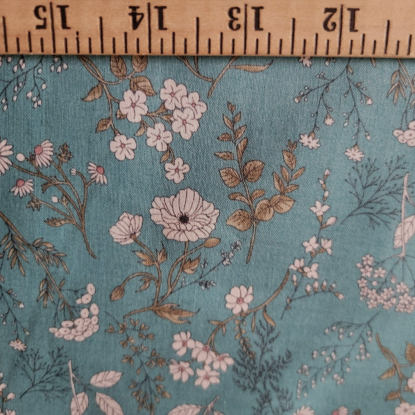 Teal Cotton Shirting from Japan, w/ White Meadow Flowers & Green Accents - Image 4