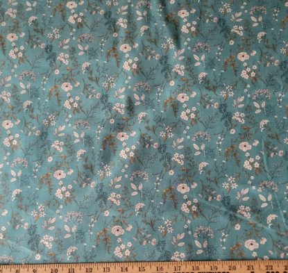 Teal Cotton Shirting from Japan, w/ White Meadow Flowers & Green Accents