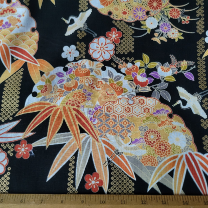 White/Orange/Gold Flower Medallions & Bamboo on Black Japanese Cotton Shirting