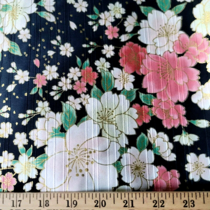 Black Japanese Cotton Dobby Shirting w/ Big Cream, Pink, & Gold Sakura Flowers - Image 3