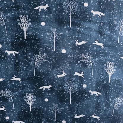 Rabbits & Foxes Playing in Snowy Night Under Moon/Trees on Blue Quilting Cotton