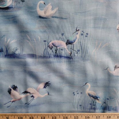 White Swans Gliding on Blue Lake w/ Silver on Cotton by Kaufman - Quilts/Shirts - Image 4