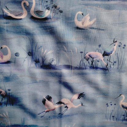 White Swans Gliding on Blue Lake w/ Silver on Cotton by Kaufman - Quilts/Shirts