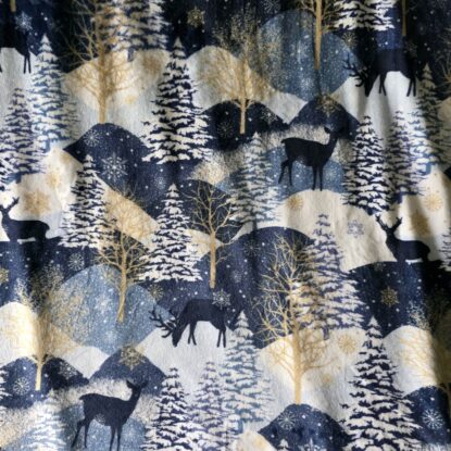 Winter Forest w/ Deer Blue & White Print Supersoft Plush Minky Cuddle Fleece
