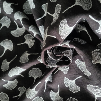 Black Cotton Muslin Double-Gauze w/ Gingko Leaves Print in White - Soft, Light - Image 3