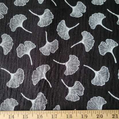 Black Cotton Muslin Double-Gauze w/ Gingko Leaves Print in White - Soft, Light - Image 4