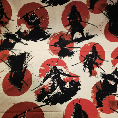 Japanese Samurai & Ninja on Cream Cotton Shirting w/ Red Suns - Very Striking!