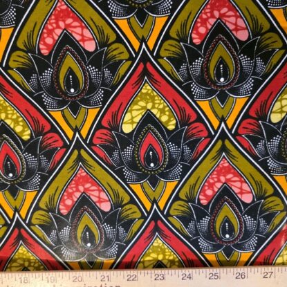 Striking Flower Diamonds on Glazed African Wax Print Cotton - Olive Green