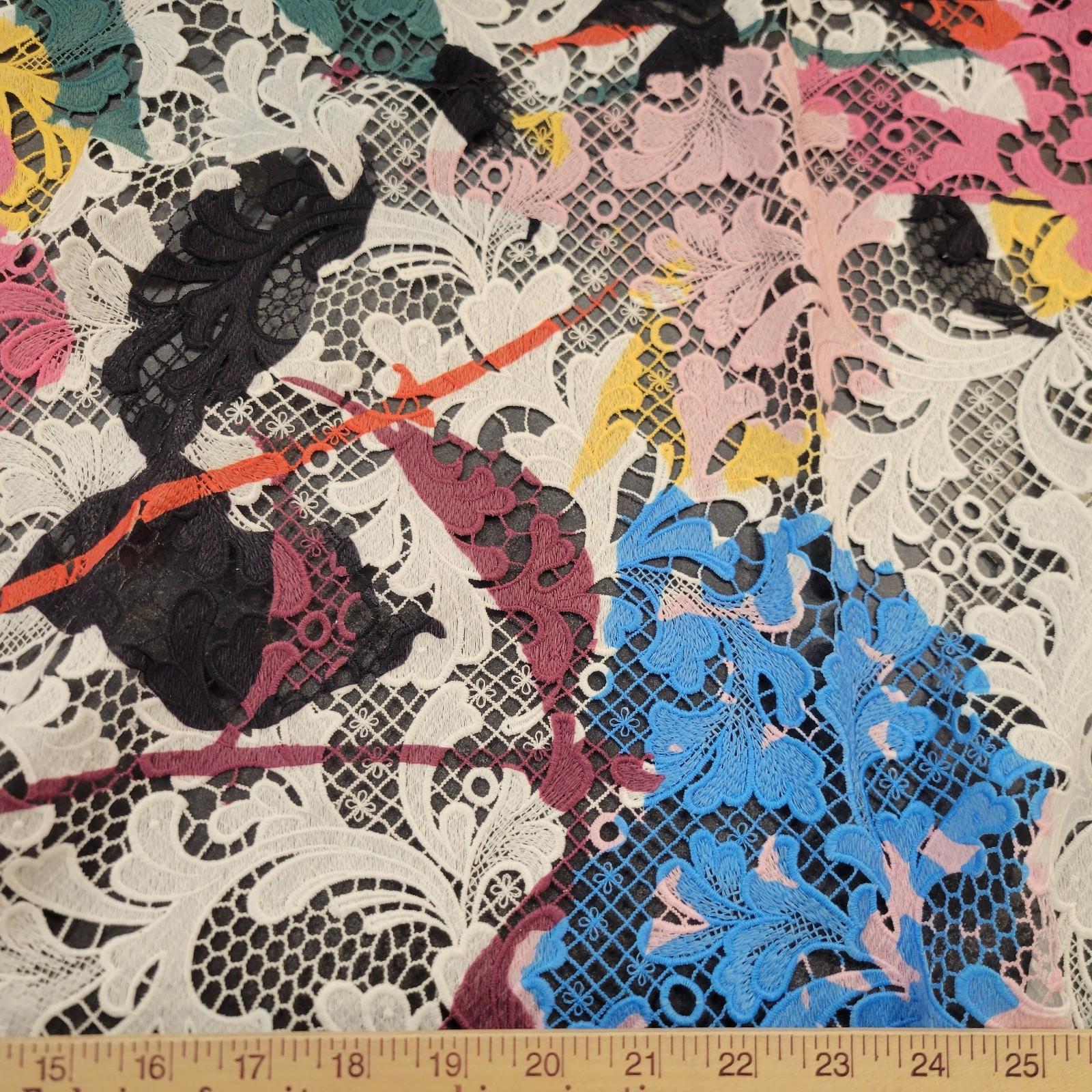 White Floral Guipure Double-Edge Lace w/ Colored Floral Print - MATCHING TULLE! - Image 3