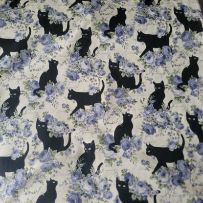 Black Cats w/ Blue Roses on Natural Japanese Cotton/Linen Light Duck Cloth - Image 3