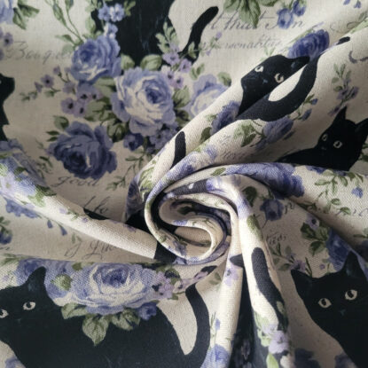 Black Cats w/ Blue Roses on Natural Japanese Cotton/Linen Light Duck Cloth - Image 4