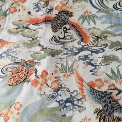 Cranes, Tortoises, on White Japanese Cotton Dobby Shirting w/ Gold Metallic