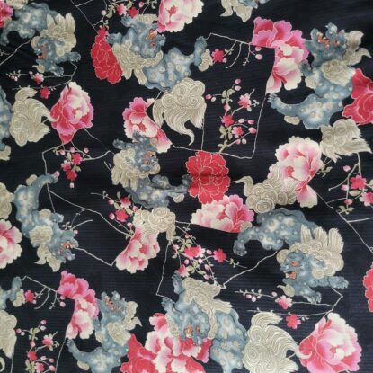 Fu Dogs & Flowers on Black Cotton Shirting from Japan - Adorable and Elegant! - Image 3