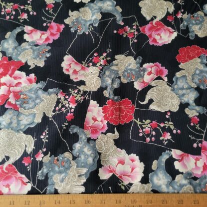 Fu Dogs & Flowers on Black Cotton Shirting from Japan - Adorable and Elegant! - Image 4