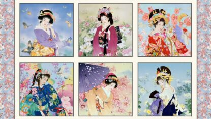 Geiko Asian Girls Block Panel in Cream from Elizabeth's Studio - Geisha, Flowers