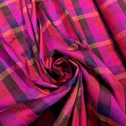 Magenta/Red/Apricot/Purple Jewel-Tone Uneven Plaid Check Silk Dupioni! Gorgeous!