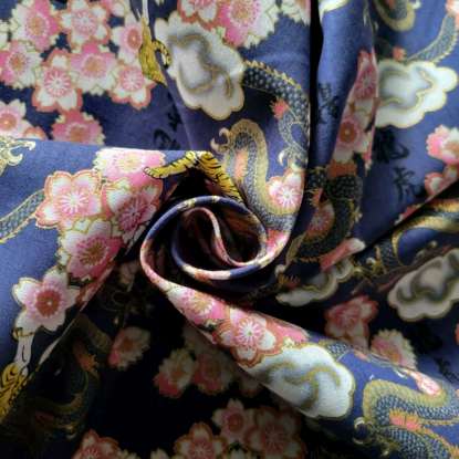 Navy Blue Japanese Cotton Shirting w/ Small Dragons, Tigers, Sakura, and Kanji - Image 3