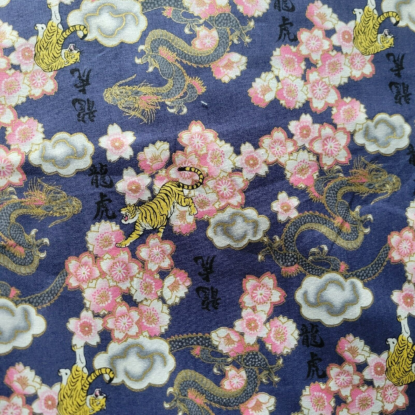 Navy Blue Japanese Cotton Shirting w/ Small Dragons, Tigers, Sakura, and Kanji - Image 4