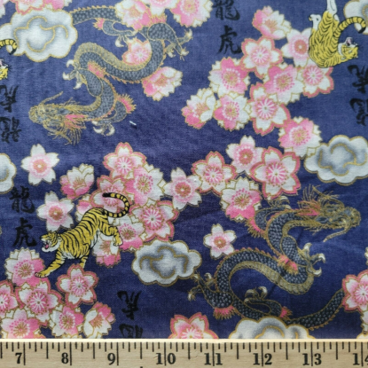 Navy Blue Japanese Cotton Shirting w/ Small Dragons, Tigers, Sakura, and Kanji - Image 5