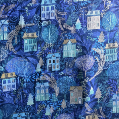 Rich Blues Winter Night Quilting Cotton w/ Lavish Metallic Silver, Gold, Houses