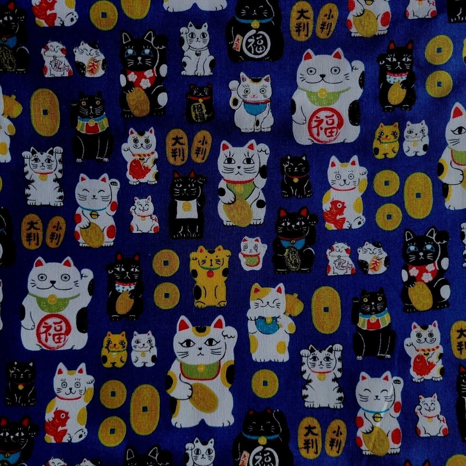 Small Maneki-Neko Lucky Cats on Dark Blue Cotton - for Shirting/Quilting! -  Beautiful Textiles