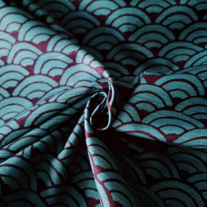 Teal Waves/Scales on Dark Navy Waves on Japanese Cotton Dobby Shirting - Image 3