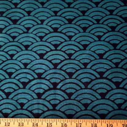 Teal Waves/Scales on Dark Navy Waves on Japanese Cotton Dobby Shirting - Image 4