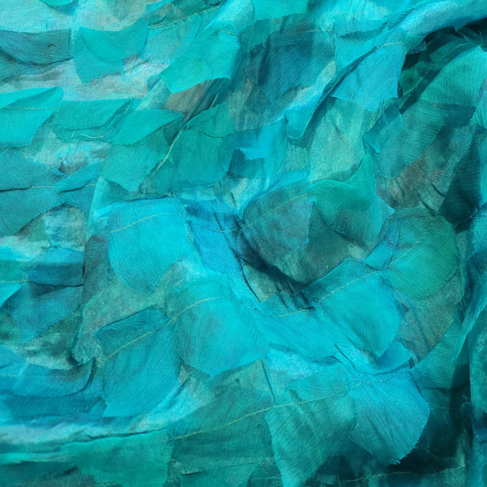 Teal Turquoise Silk Chiffon w/ Appliqued Strips of Self! Light, Soft, Unique! - Image 3