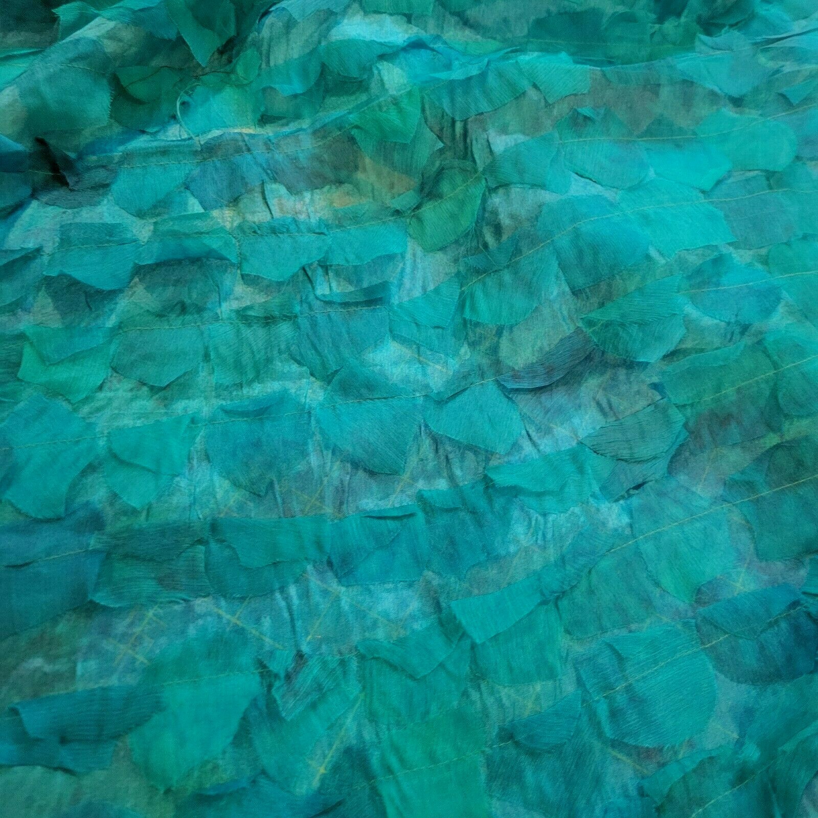 Teal Turquoise Silk Chiffon w/ Appliqued Strips of Self! Light, Soft, Unique! - Image 5