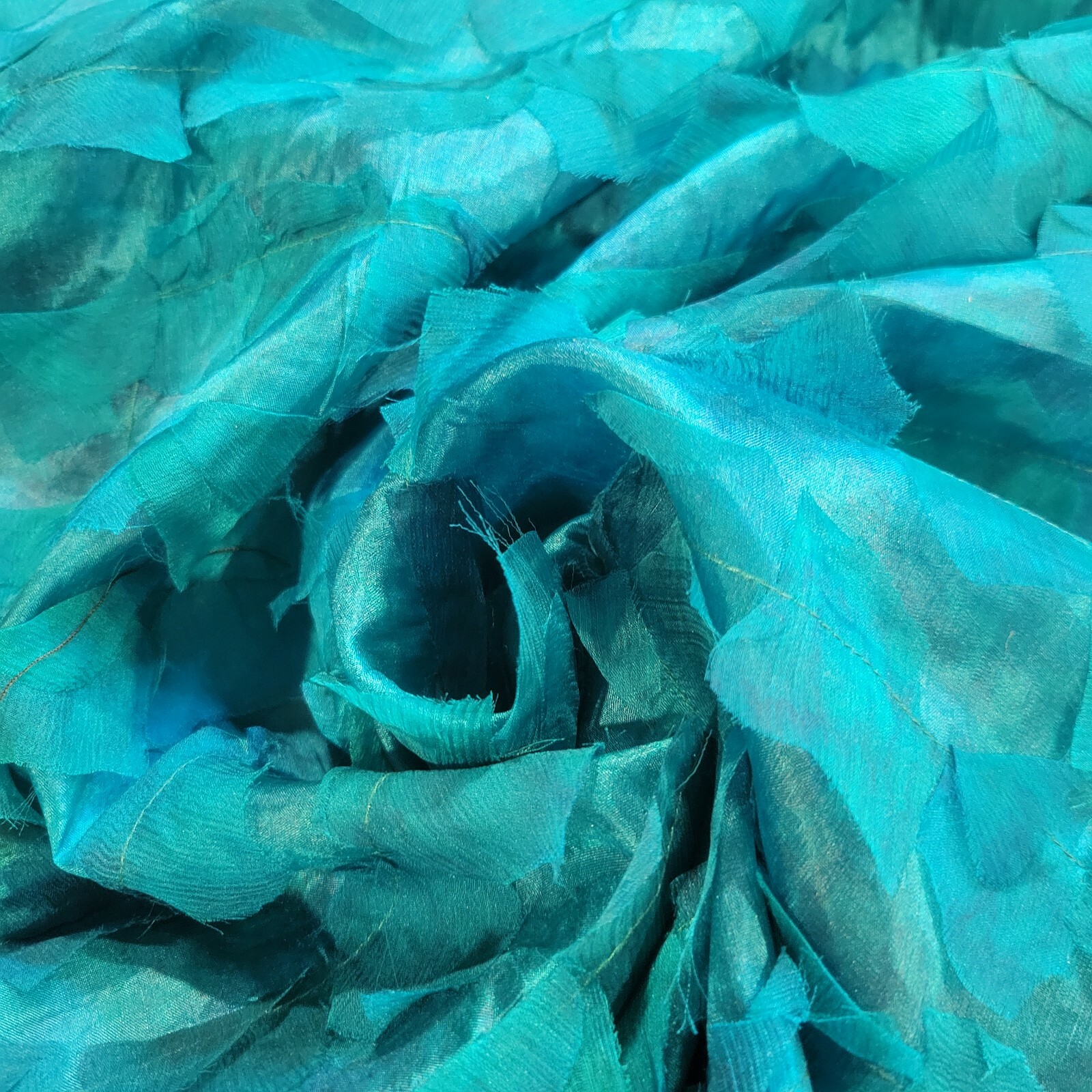 Teal Turquoise Silk Chiffon w/ Appliqued Strips of Self! Light, Soft, Unique! - Image 6