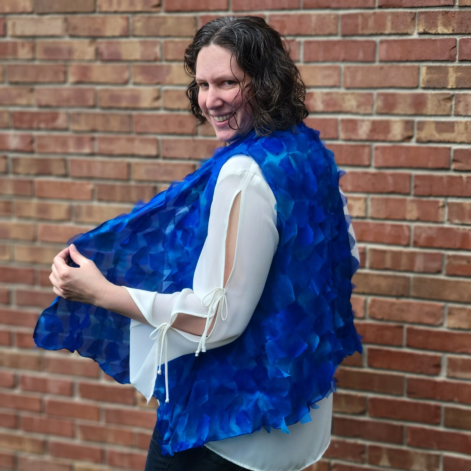 Teal Turquoise Silk Chiffon w/ Appliqued Strips of Self! Light, Soft, Unique! - Image 8