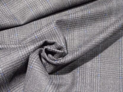 Very Fine Italian Pure Wool Suiting Gray w/ Black Plaid, Squares of Blue LAST 1 - Image 3