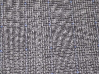 Very Fine Italian Pure Wool Suiting Gray w/ Black Plaid, Squares of Blue LAST 1